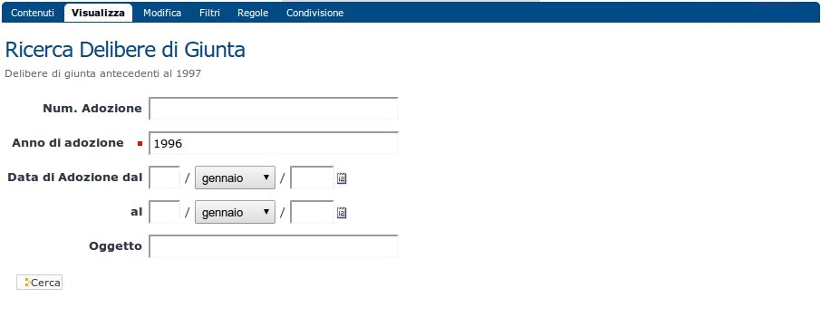 Schermata di ricerca delibere di giunta